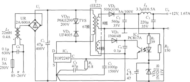TOP224P構成的12V、20W開關直流穩壓電源電路
